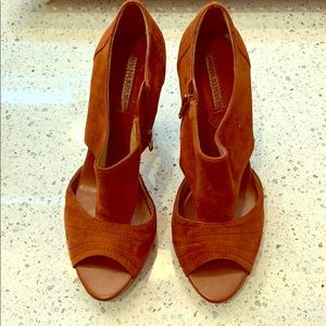 Cognac suede cutout platform heels